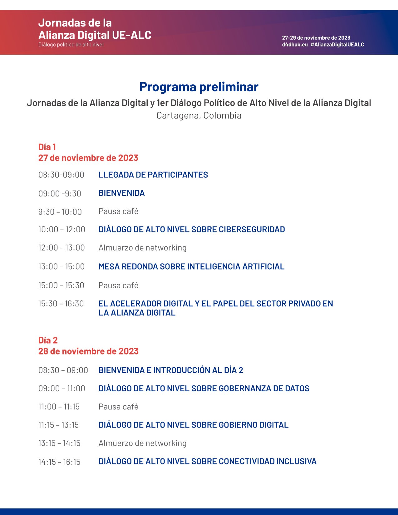 Jornadas Alianza Digital UE-ALC, Cartagena, Colombia, 27-29 de noviembre de 2023 – Agenda
