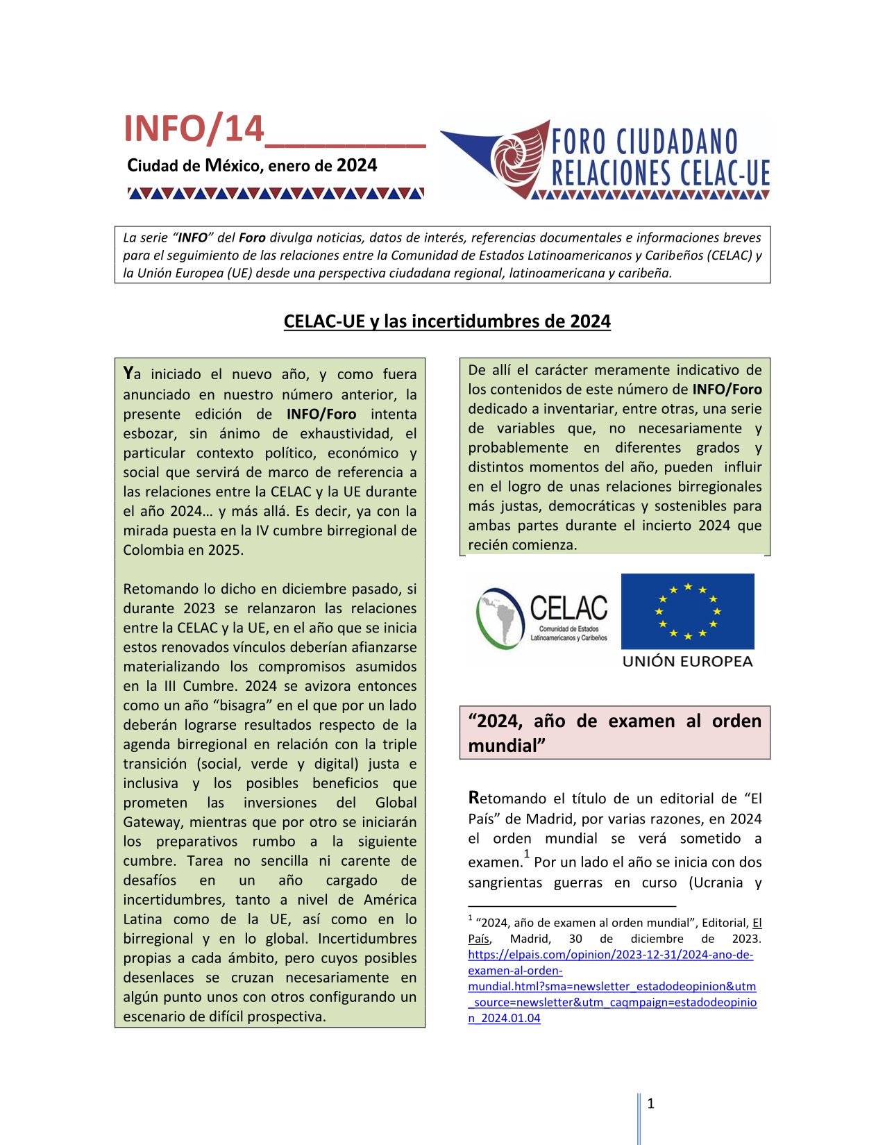 INFO/Foro 14: CELAC-UE y las incertidumbres de 2024, enero 2024