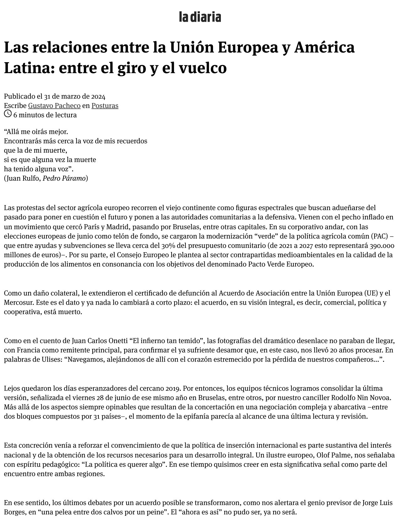Las relaciones entre la UE y América Latina: entre el giro y el vuelco, marzo 2024.