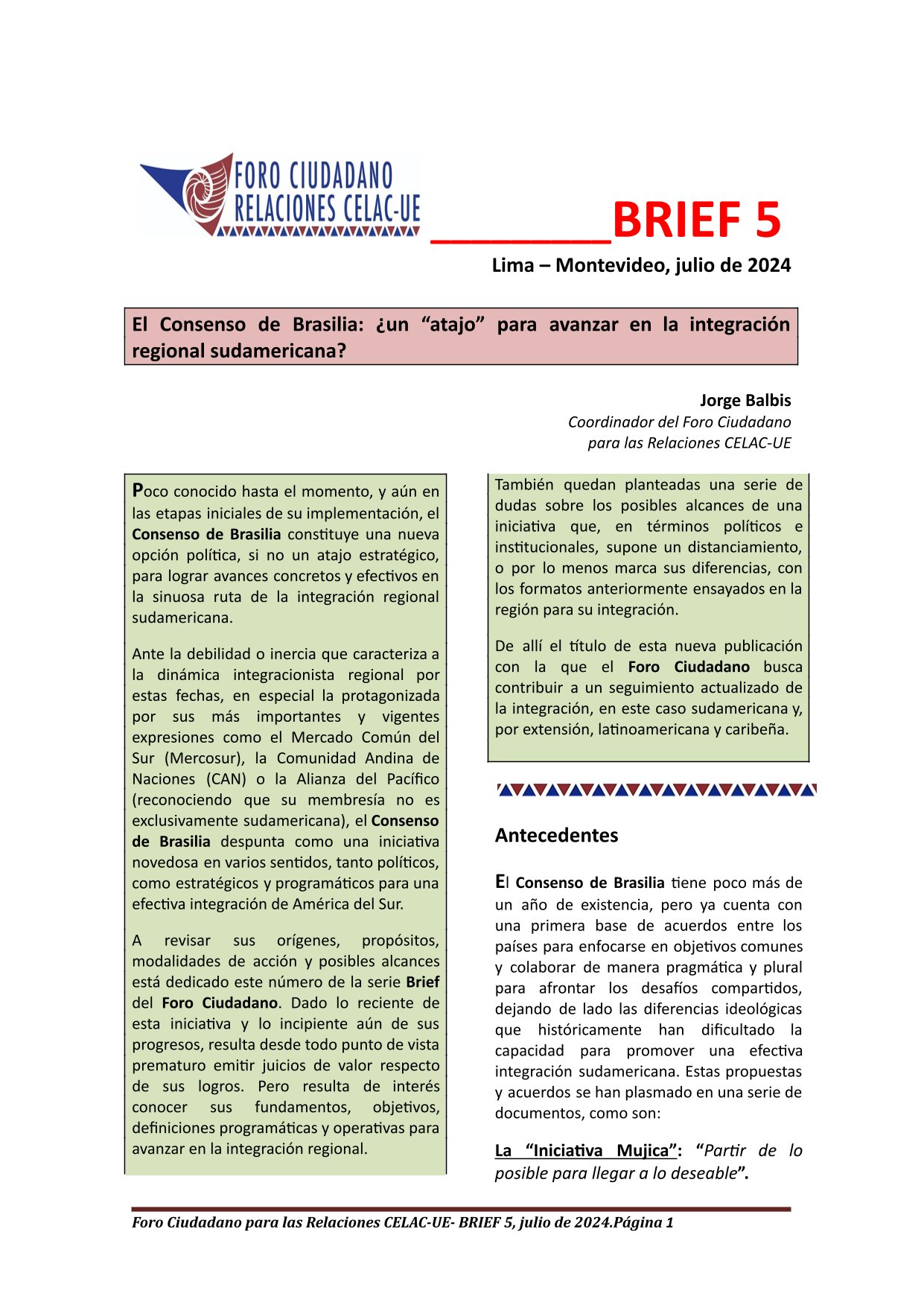 BRIEF 5 – «El Consenso de Brasilia: ¿un «atajo» para avanzar en la integración regional sudamericana?», julio 2024,