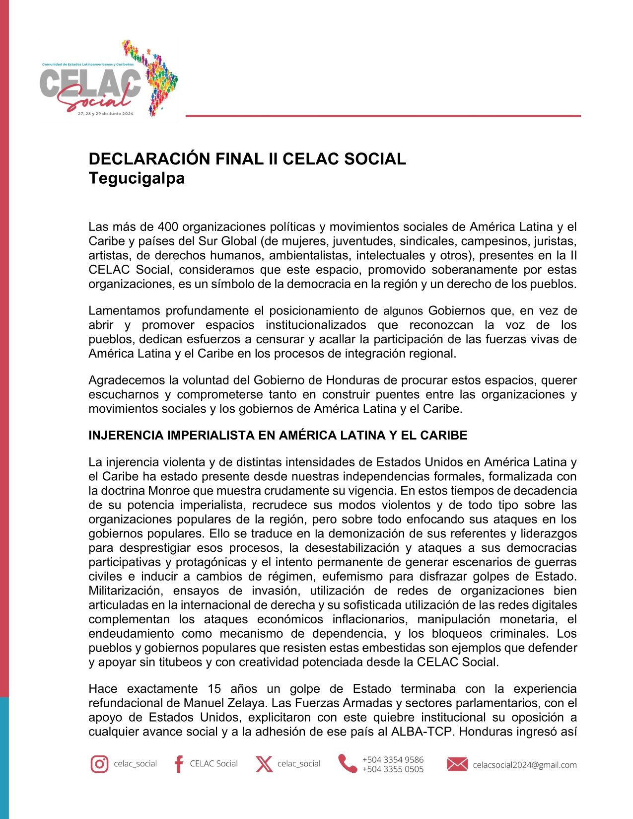 II CELAC Social – Declaración Final – Tegucigalpa, 29/06/2024