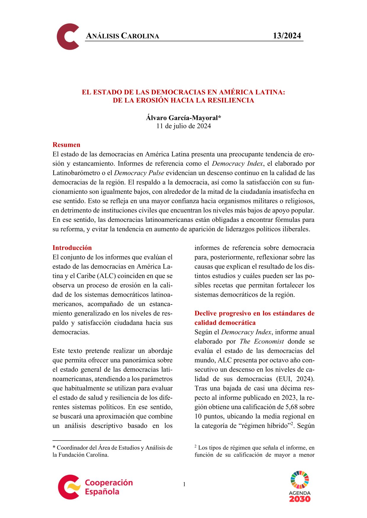 Estado de las democracias en América Latina, Fundación Carolina, 13/2024