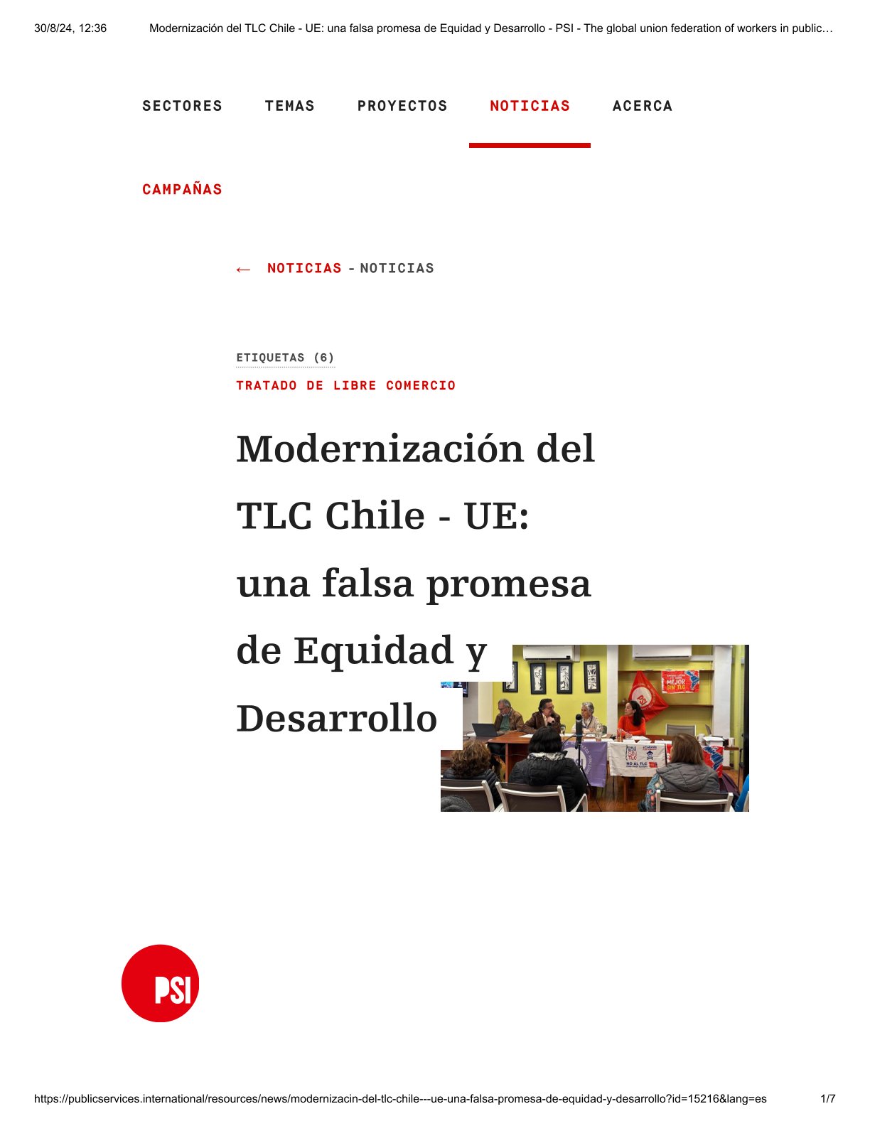 «Modernización del TLC Chile-UE: una falsa promesa de equidad y desarrollo.» PSI, 2024.