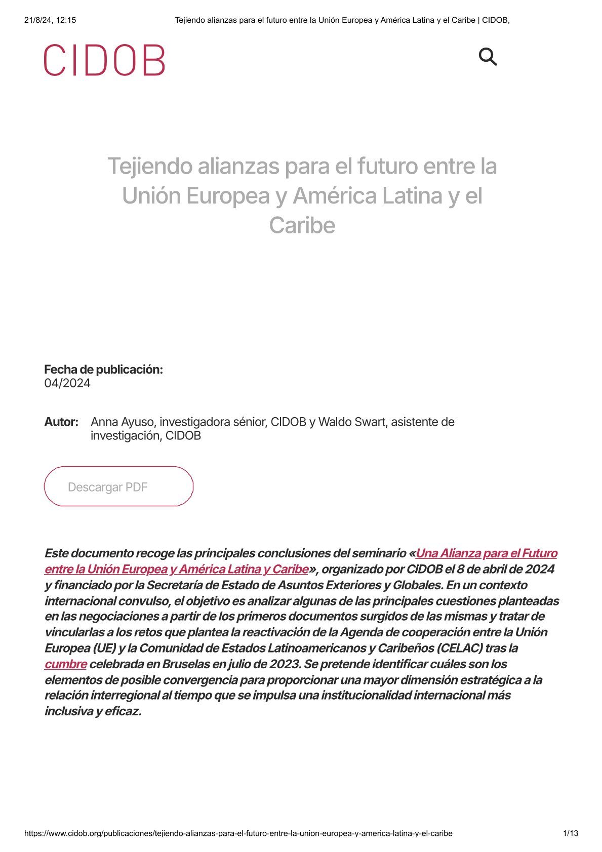 Tejiendo alianzas para el futuro entre la UE y ALC – CIDOB, 2024.