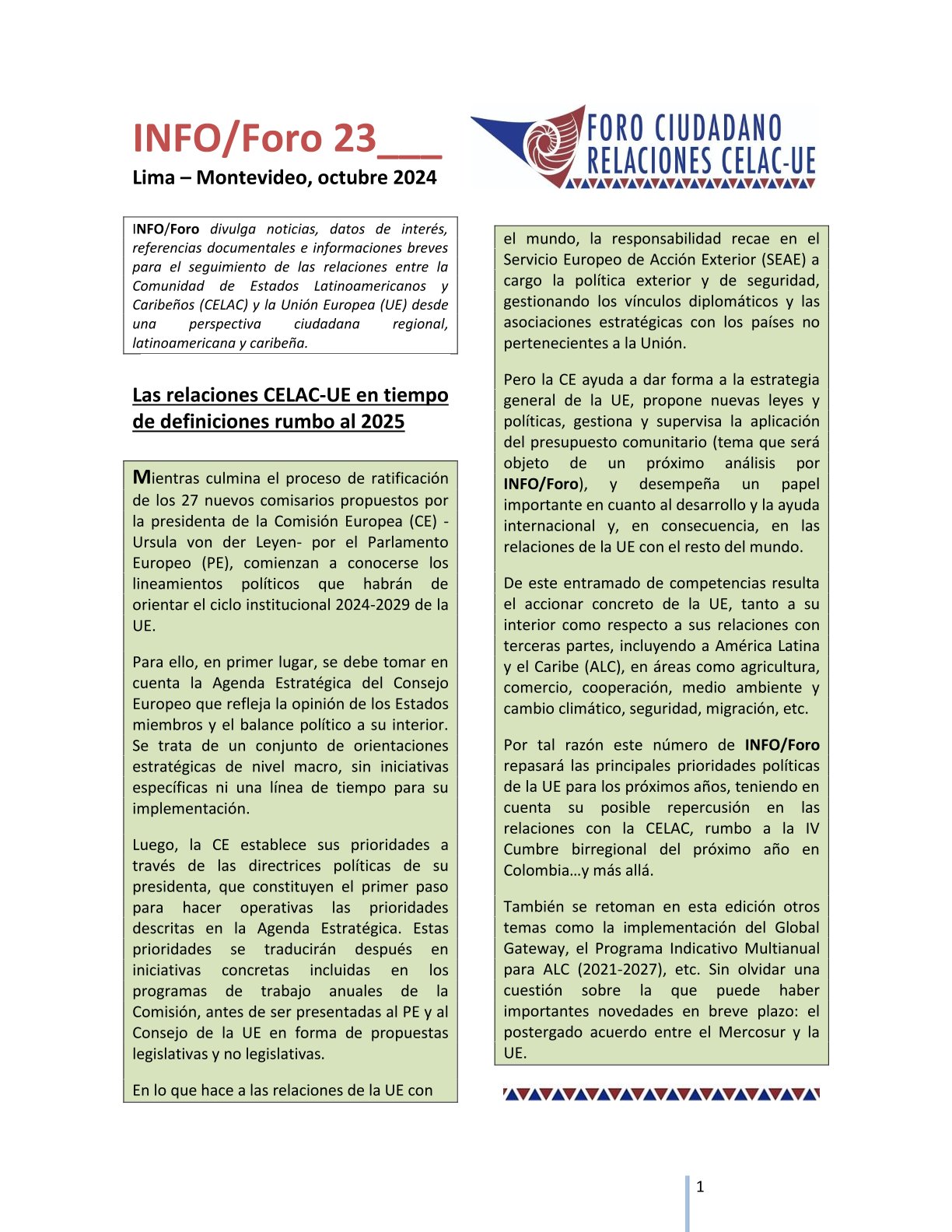 INFO/Foro 23: «Las relaciones CELAC-UE en tiempo de definiciones rumbo al 2025», octubre de 2024.