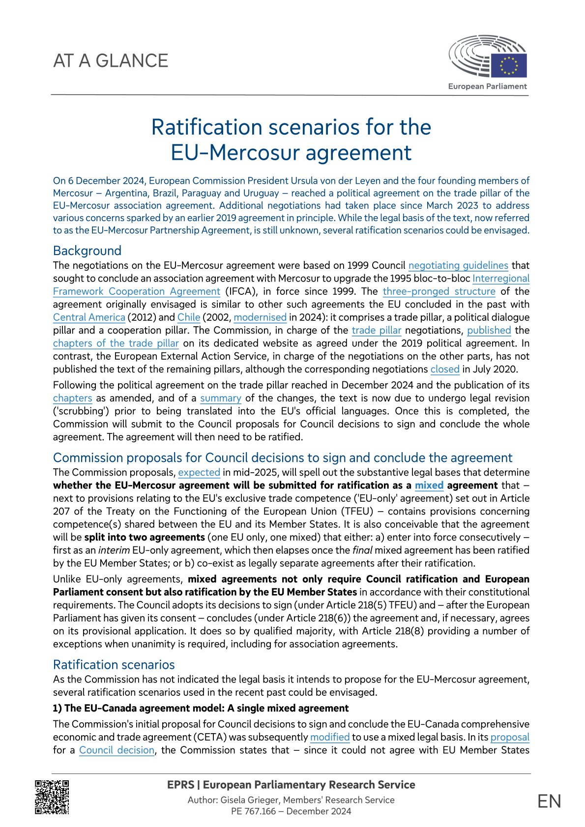 Escenarios para la ratificación del Acuerdo UE-Mercosur (en ENG), EPRS, Parlamento Europeo, diciembre 2024.