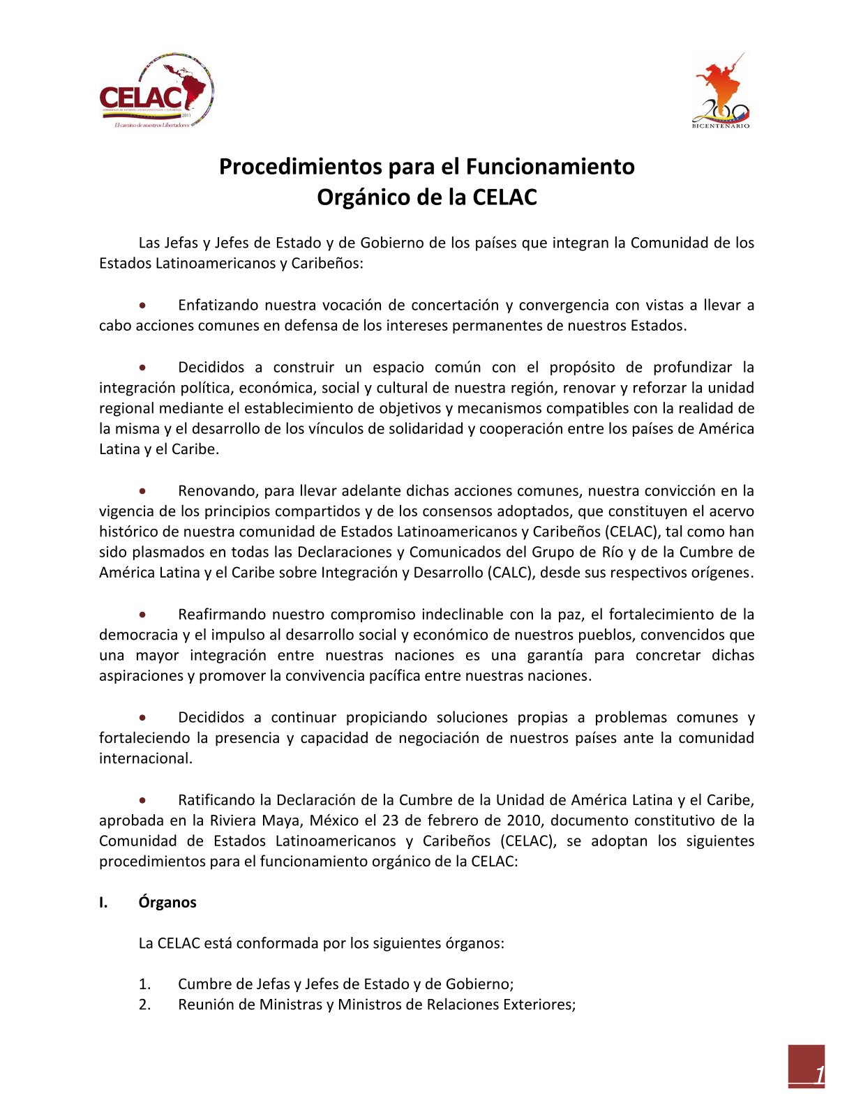 Procedimientos para el funcionamiento orgánico de la CELAC, 2012