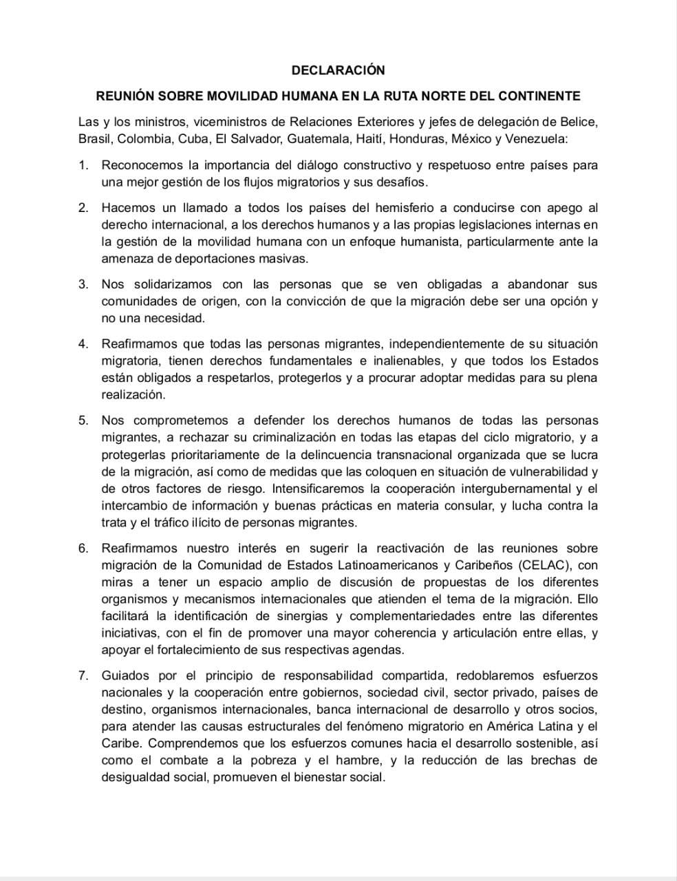 Declaración Reunión sobre Movilidad Humana en la Ruta Norte del Continente, enero 2025.