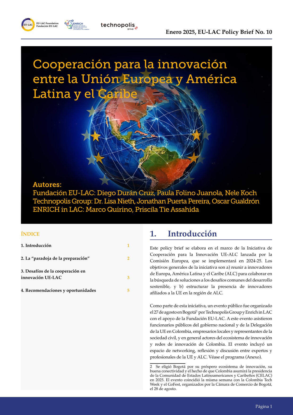 Cooperación para la innovación entre la UE y ALC, Fundación EU-LAC, Policy Brief 10, enero 2025.