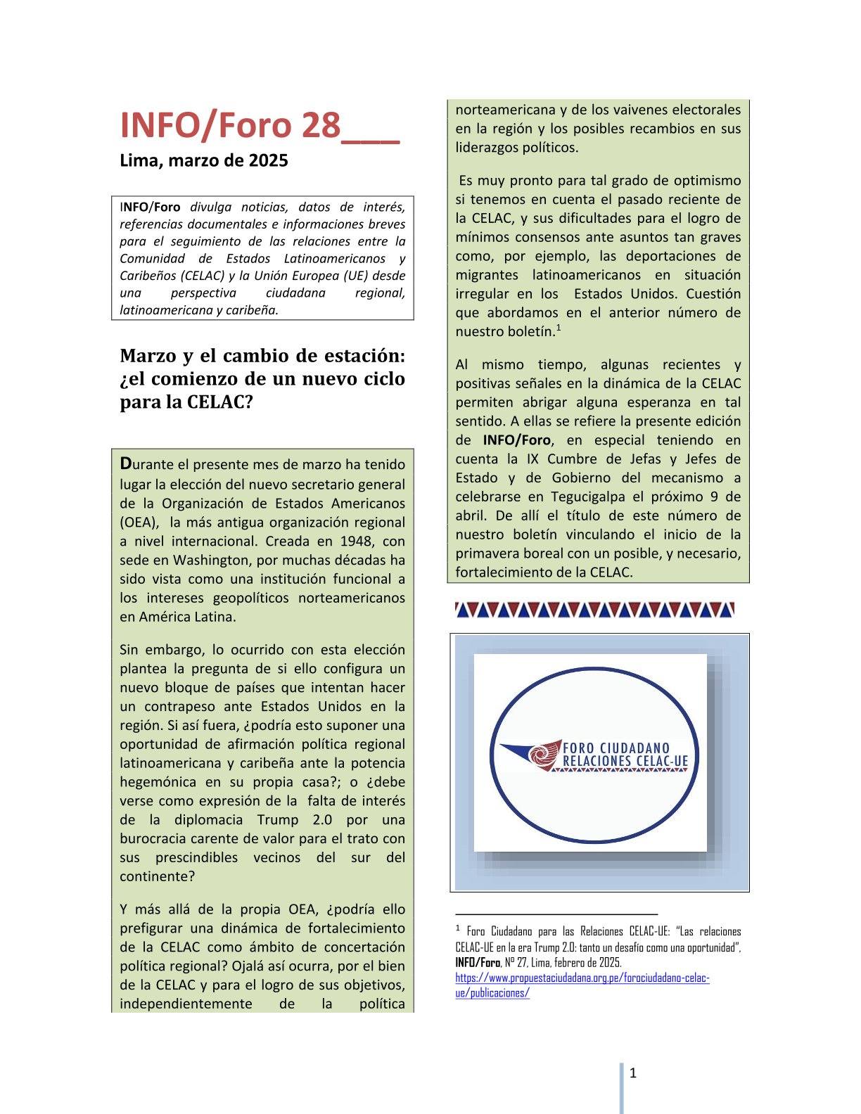 INFO/Foro 28: «Marzo y el cambio de estación: ¿el comienzo de un nuevo ciclo para la CELAC?», marzo 2025.