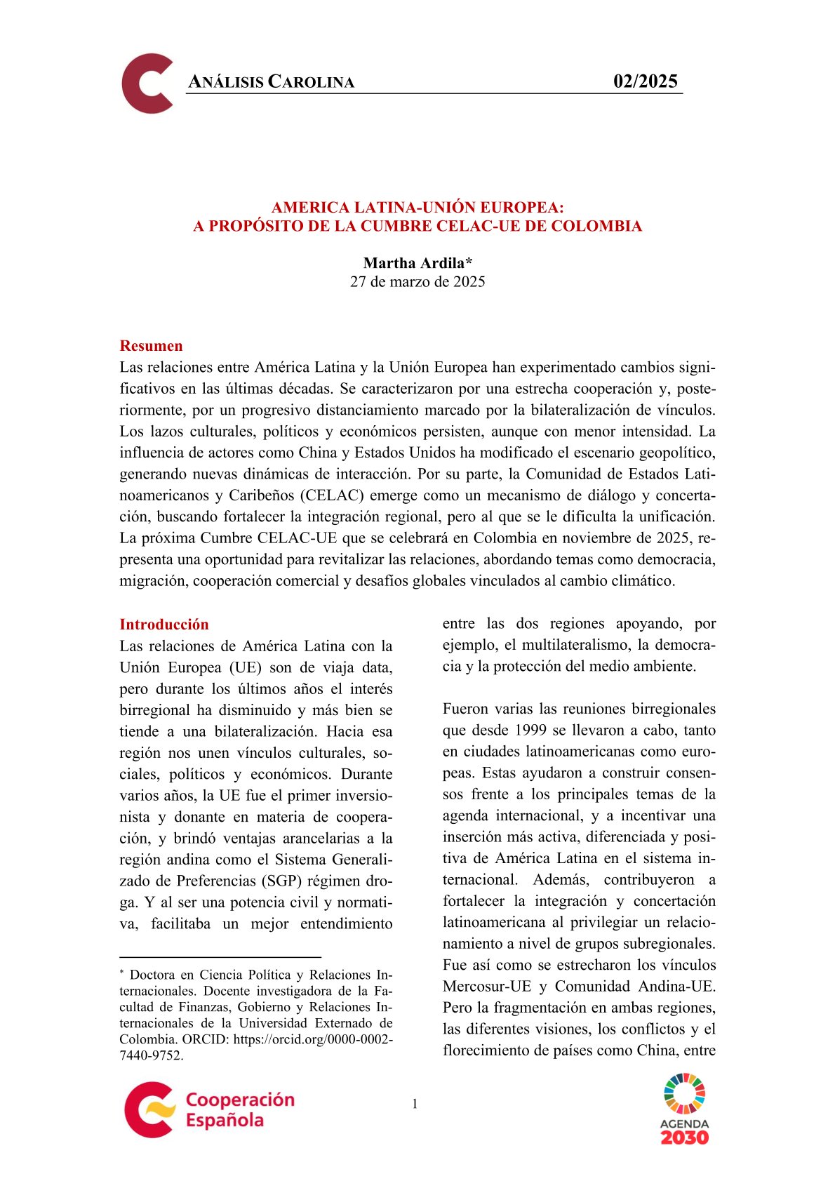 «A propósito de la IV Cumbre CELAC-UE de Colombia», Fundación Carolina 02/2025, marzo de 2025.