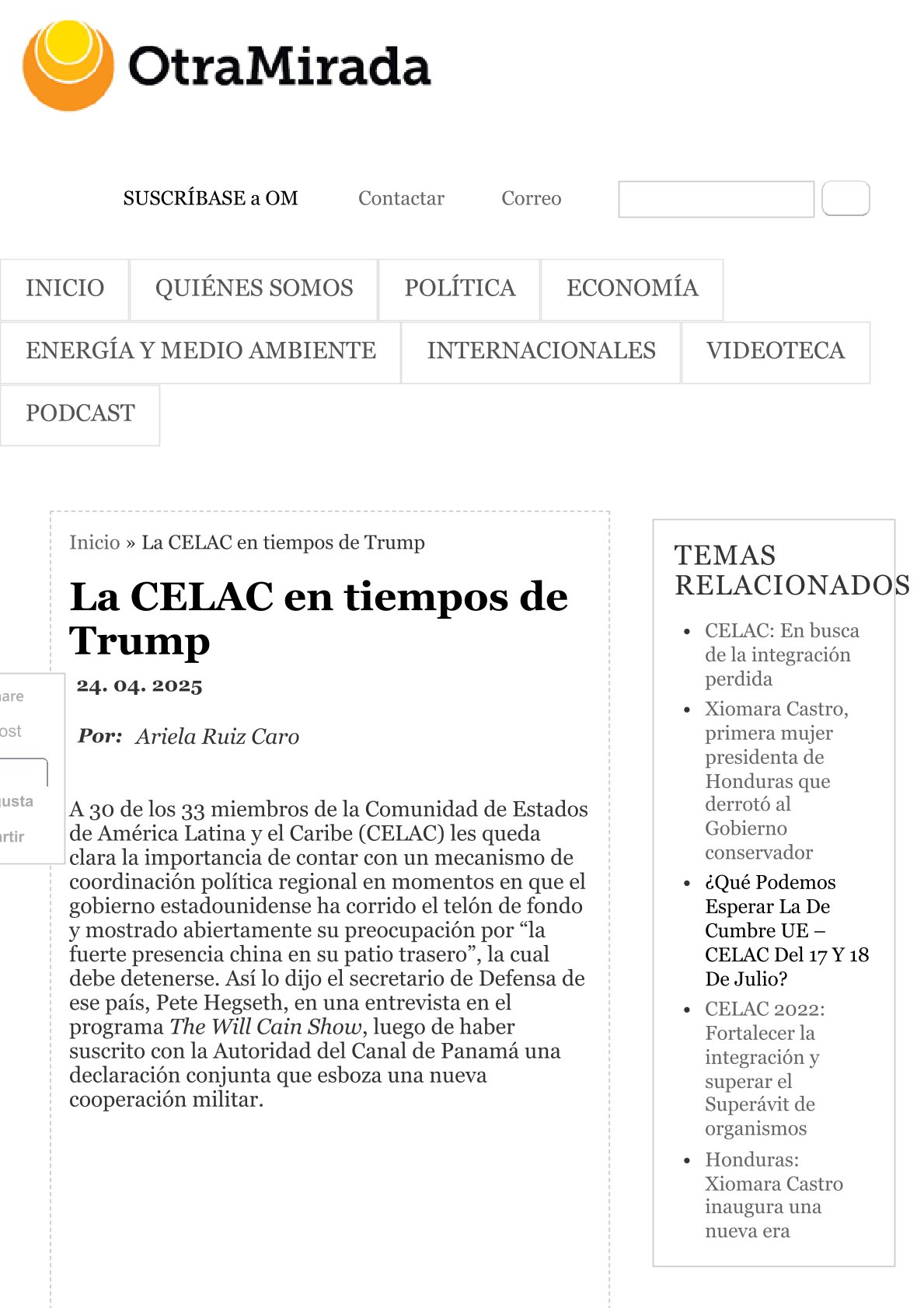«La CELAC en tiempos de Trump», A. Ruiz Caro, OtraMirada.pe, 24 de abril de 2025.