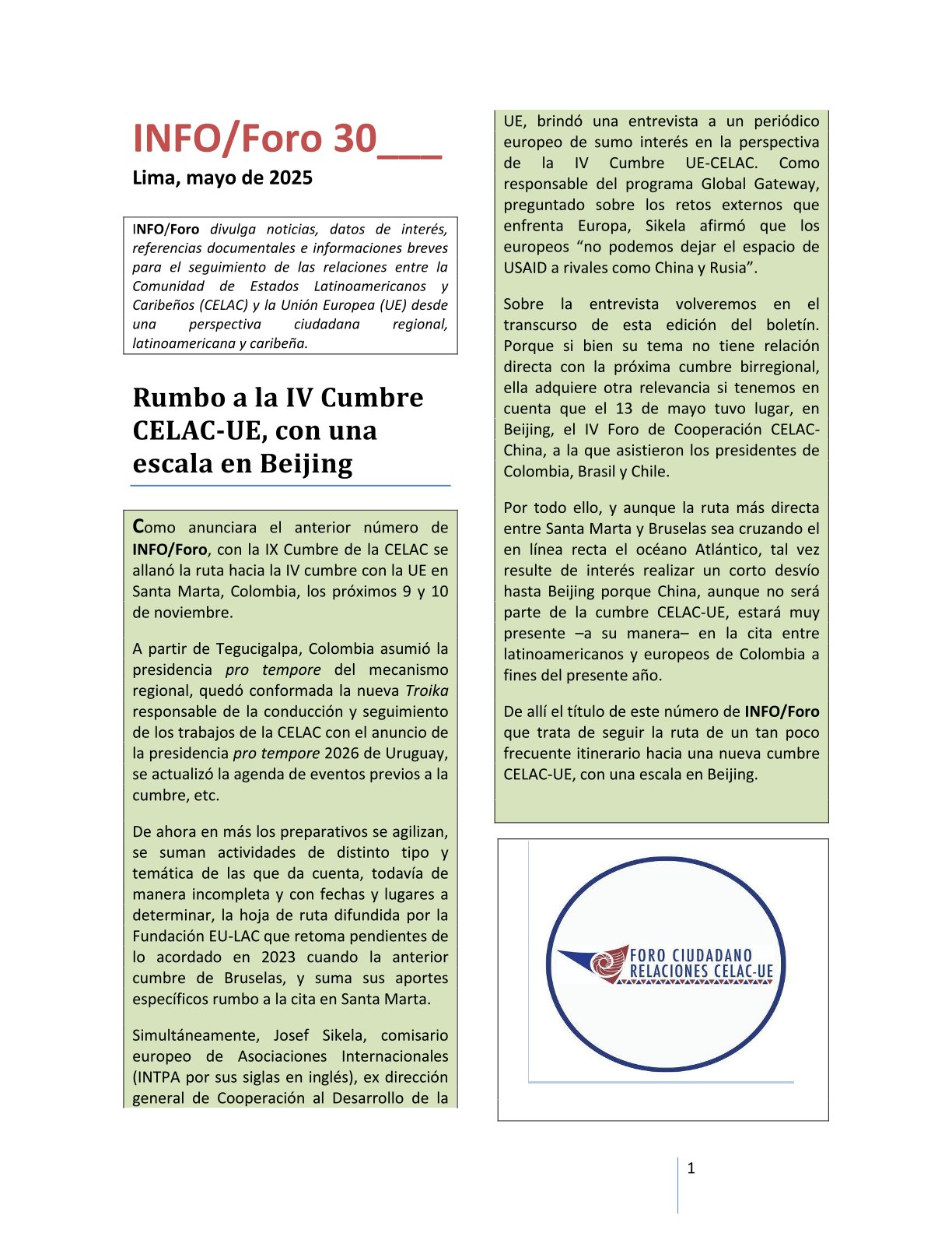 INFO/Foro 30: «Rumbo a la IV Cumbre CELAC-UE, con una escala en Beijing», mayo de 2025.