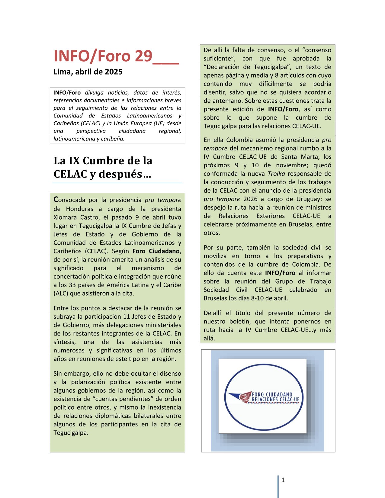 INFO/Foro 29: «La IX Cumbre de la CELAC y después…», abril 2025.