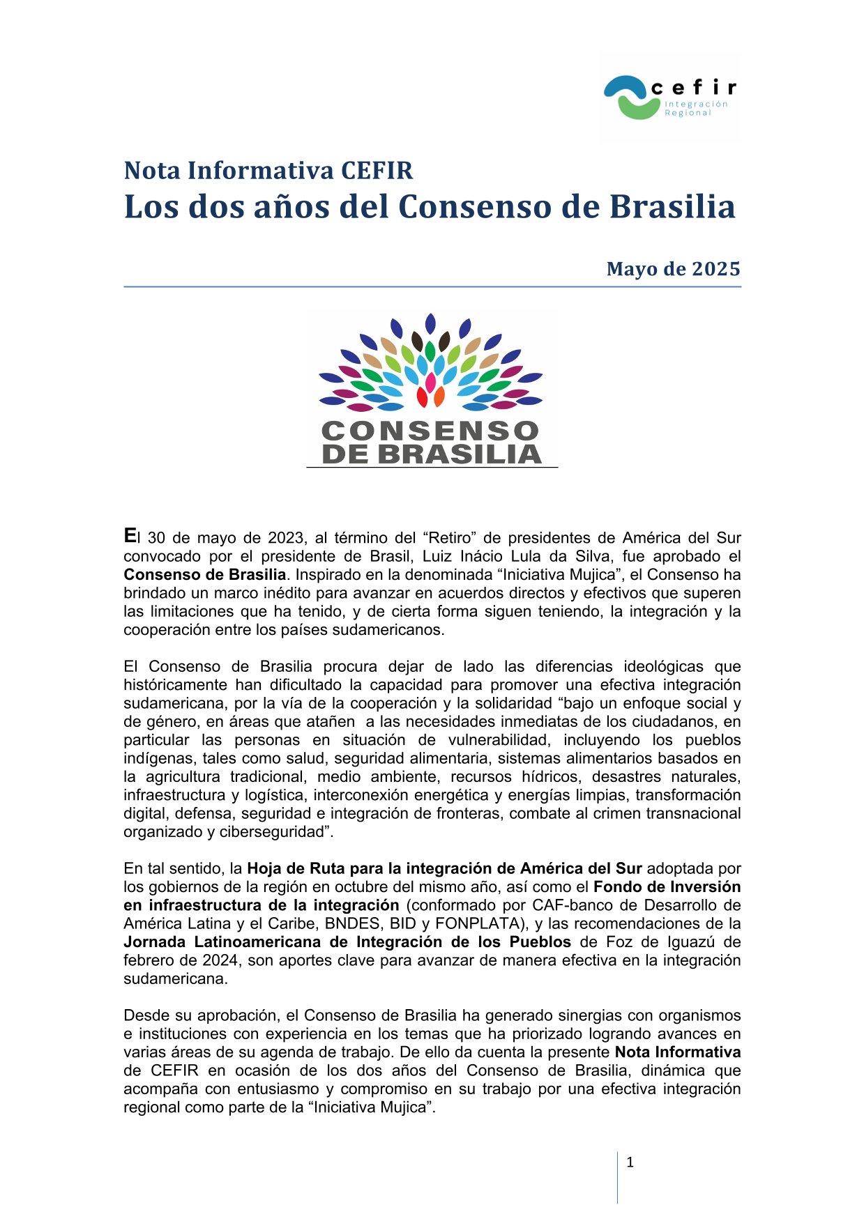 Los dos años del Consenso de Brasilia. Nota Informativa CEFIR, mayo de 2025.