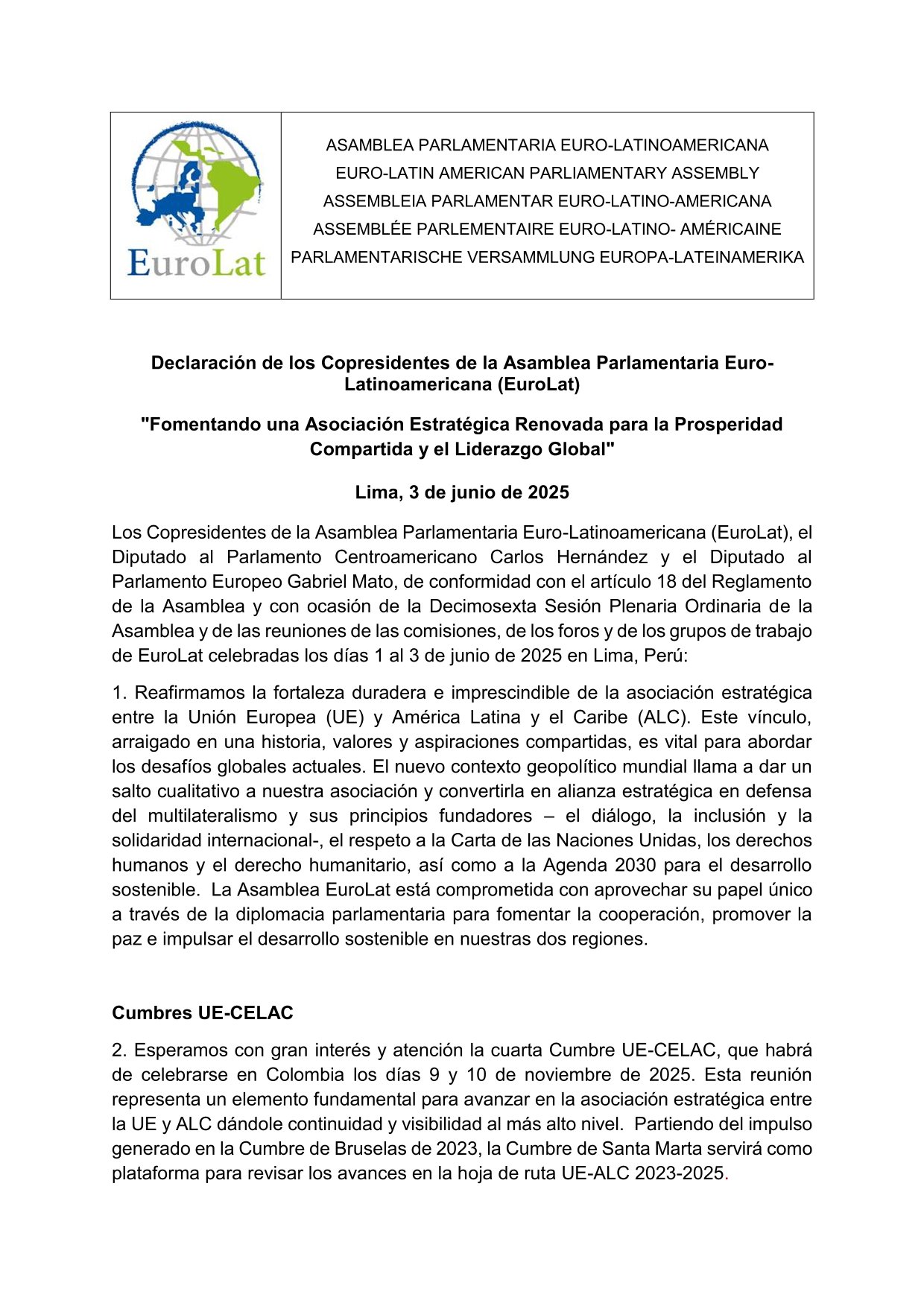 Declaración de los Copresidentes de la XVI EUROLAT, Lima, 3 de junio de 2025.