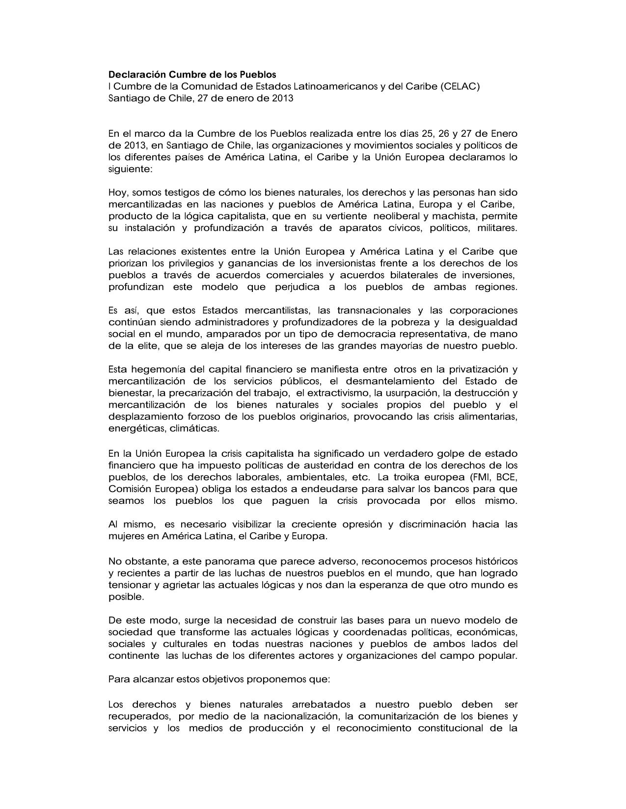 Declaración I Cumbre de los Pueblos – CELAC, Santiago de Chile, 2013.
