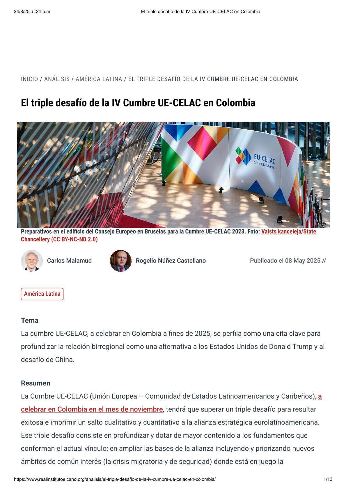 «El triple desafío de la IV Cumbre UE-CELAX en Colombia», Real Instituto Elcano, mayo 2025.