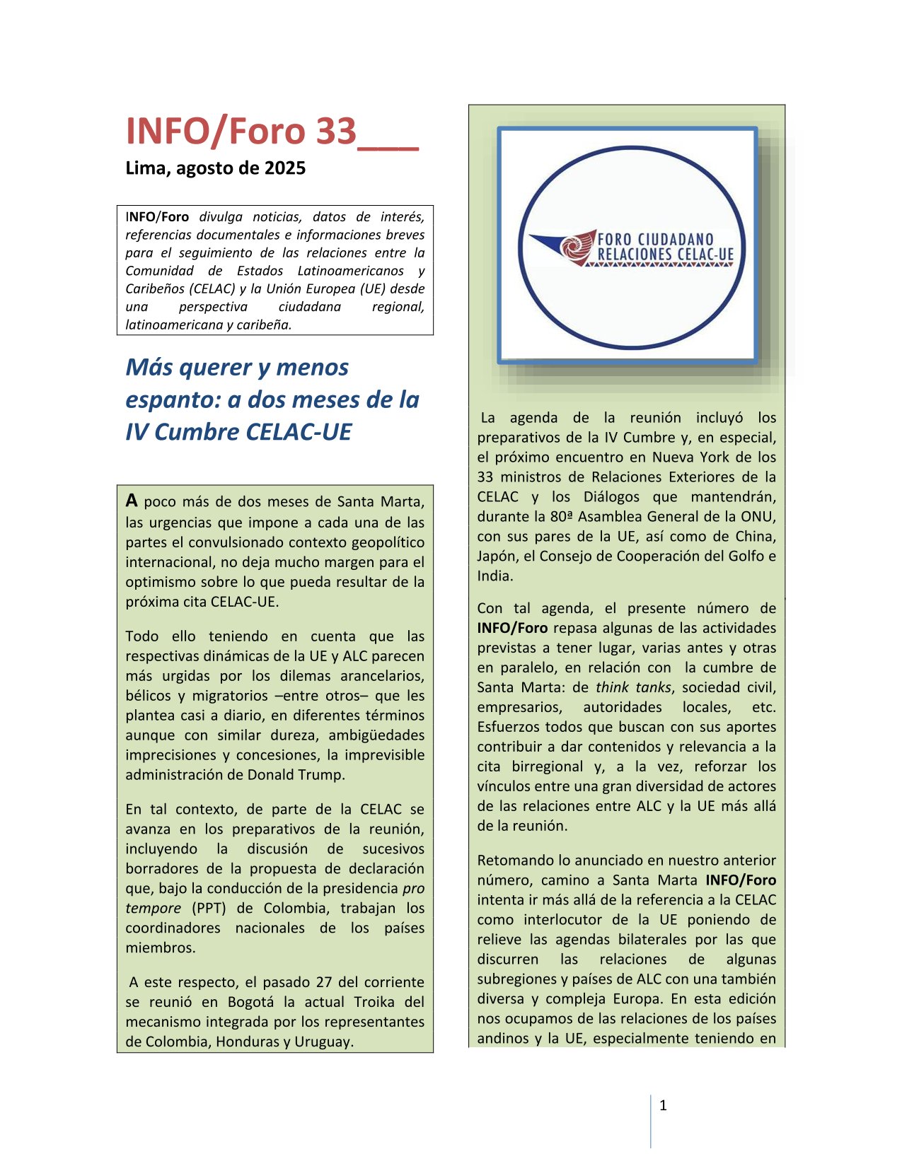 INFO/Foro 33: «Más querer y menos espanto: a dos meses de la IV Cumbre CELAC-UE, agosto 2025.