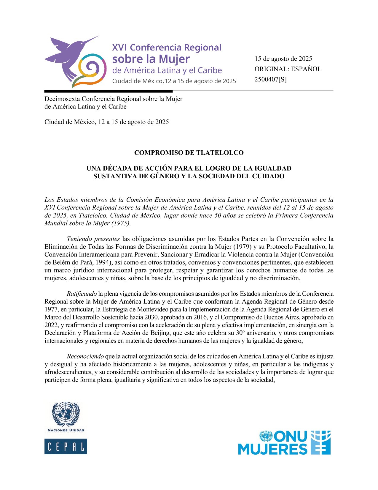 «Compromiso de Tlatelolco», XVI Conferencia Regional sobre la Mujer de ALC, CEPAL y ONU Mujeres, Ciudad de México, 15 de agosto de 2025.