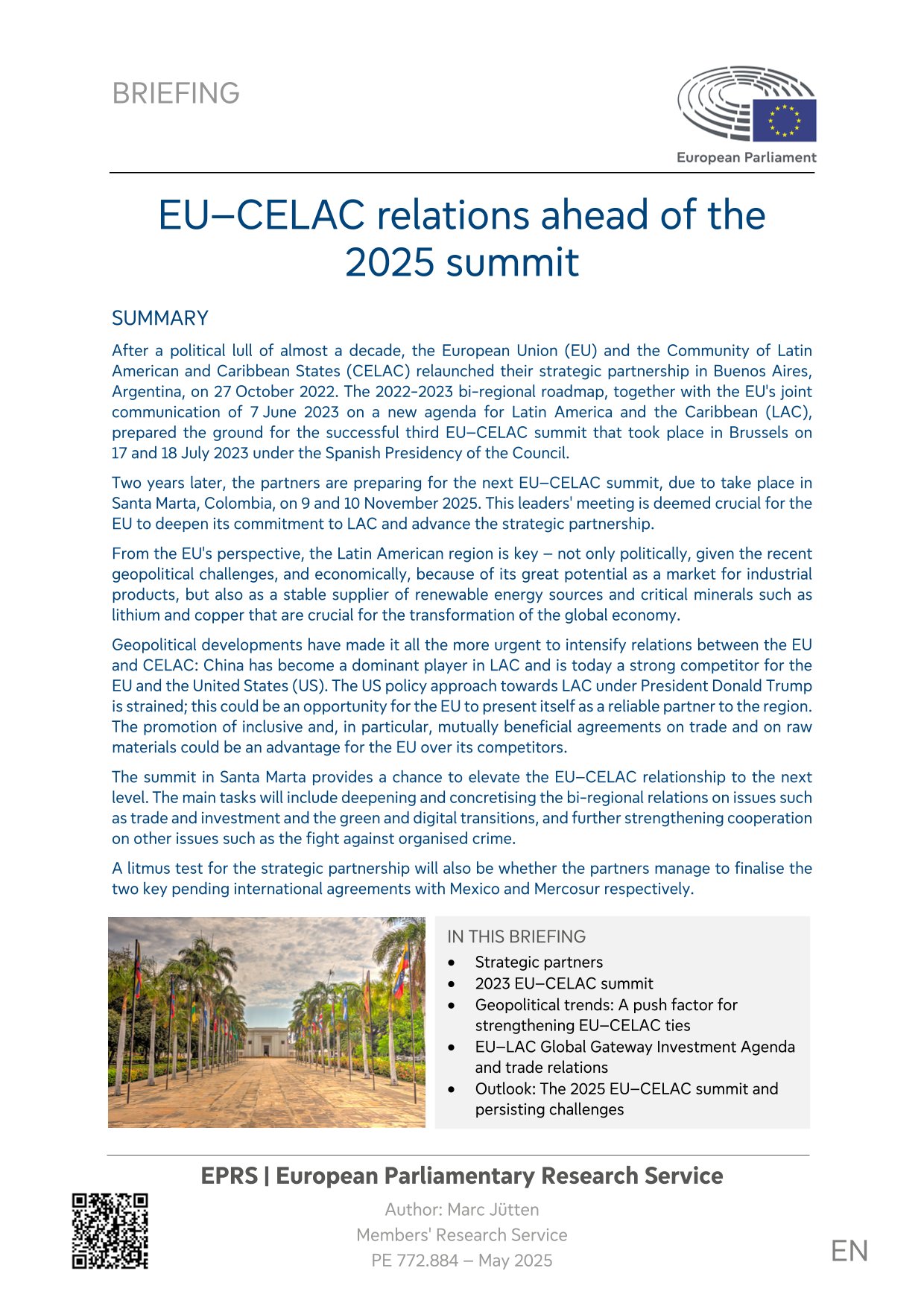 «EU-CELAC relations ahead of the 2025 summit», EPRS, May 2025.