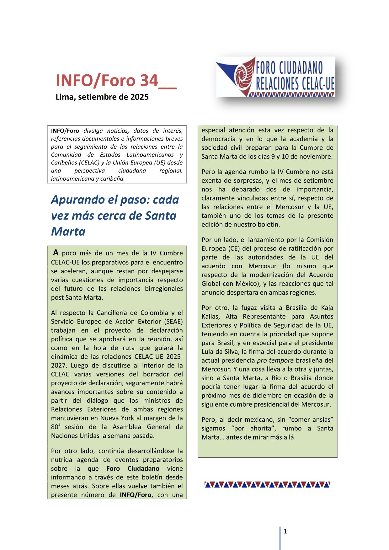 INFO/Foro 34: «Apurando el paso: cada vez más cerca de Santa Marta», setiembre 2025,