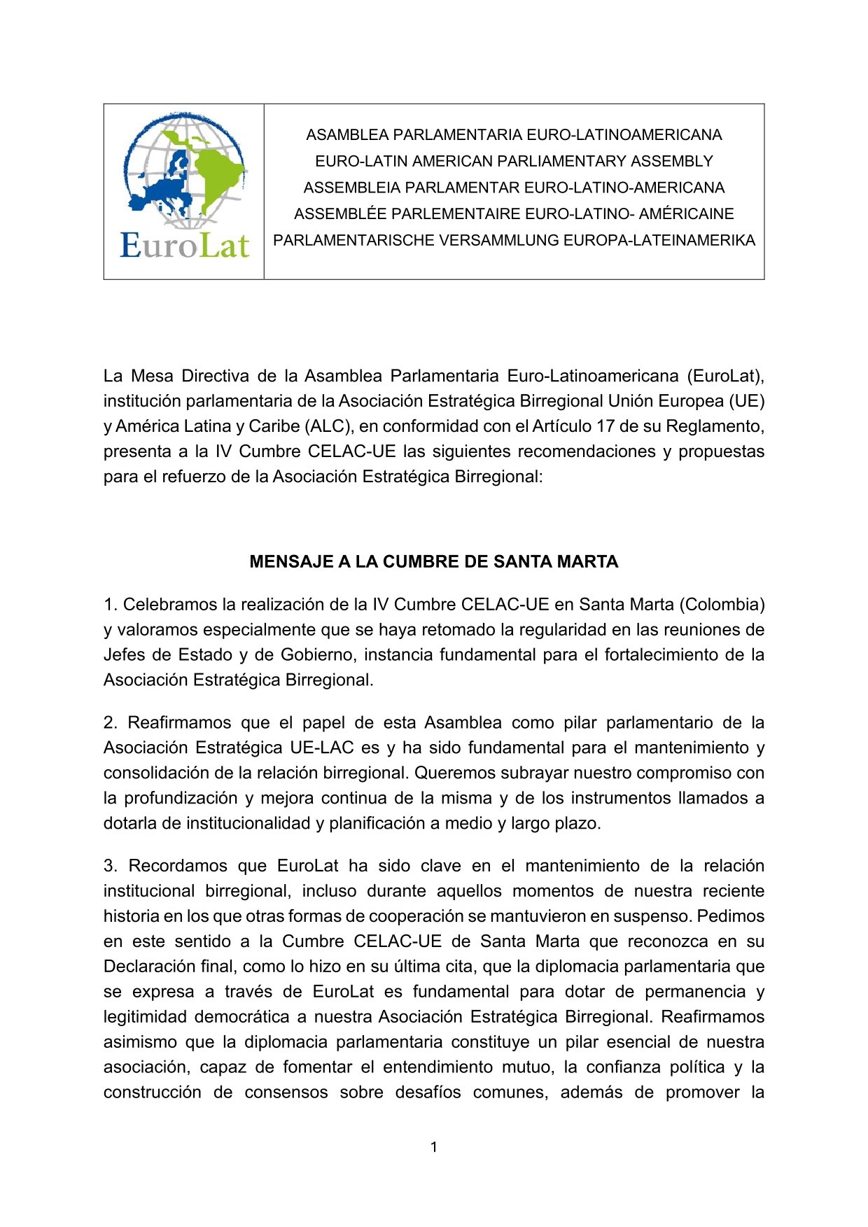 EUROLAT: «Mensaje a la IV Cumbre UE-CELAC», septiembre de 2025.