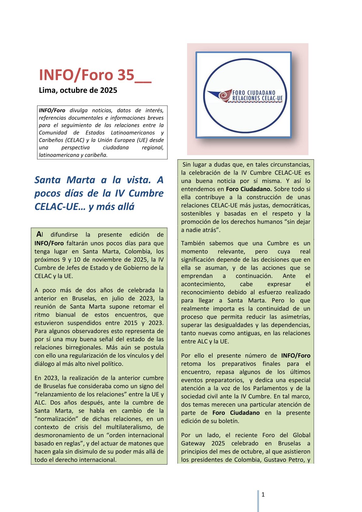 INFO/Foro 35: «Santa Marta a la vista. A pocos días de la IV Cumbre CELAC-UE… y más allá». Foro Ciudadano, Lima, octubre 2025.
