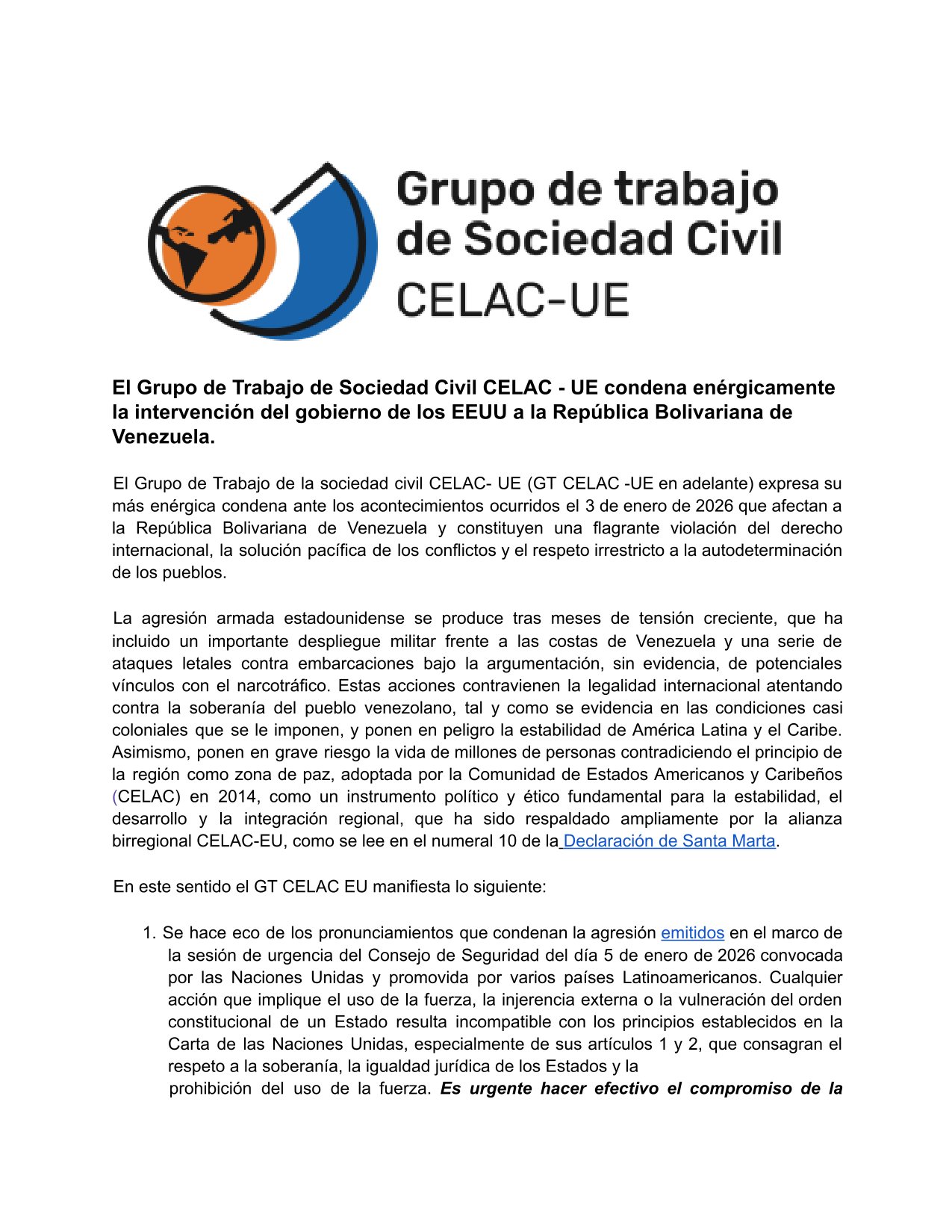 Comunicado GT SC CELAC-UE sobre Venezuela, enero de 2026.