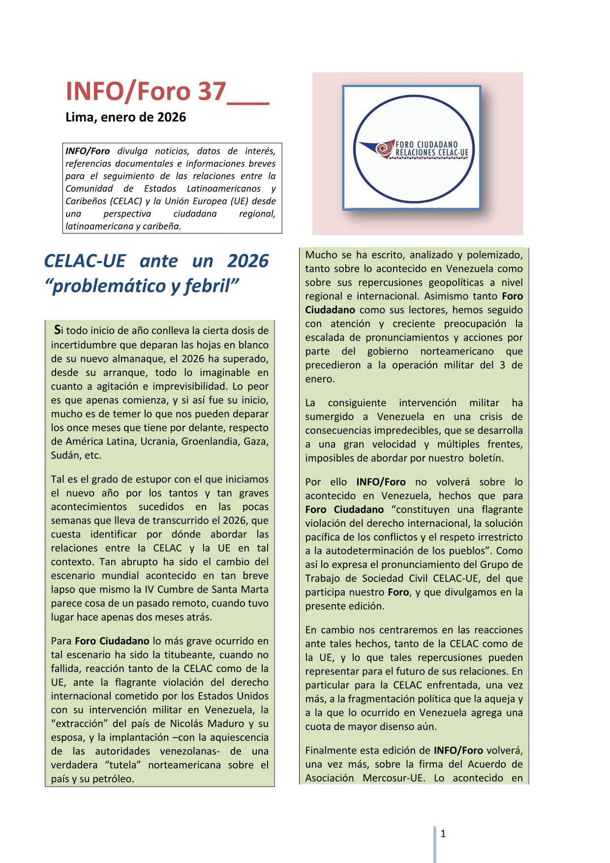 INFO/Foro 37: CELAC-UE ante un 2026 «problemático y febril», enero 2026.