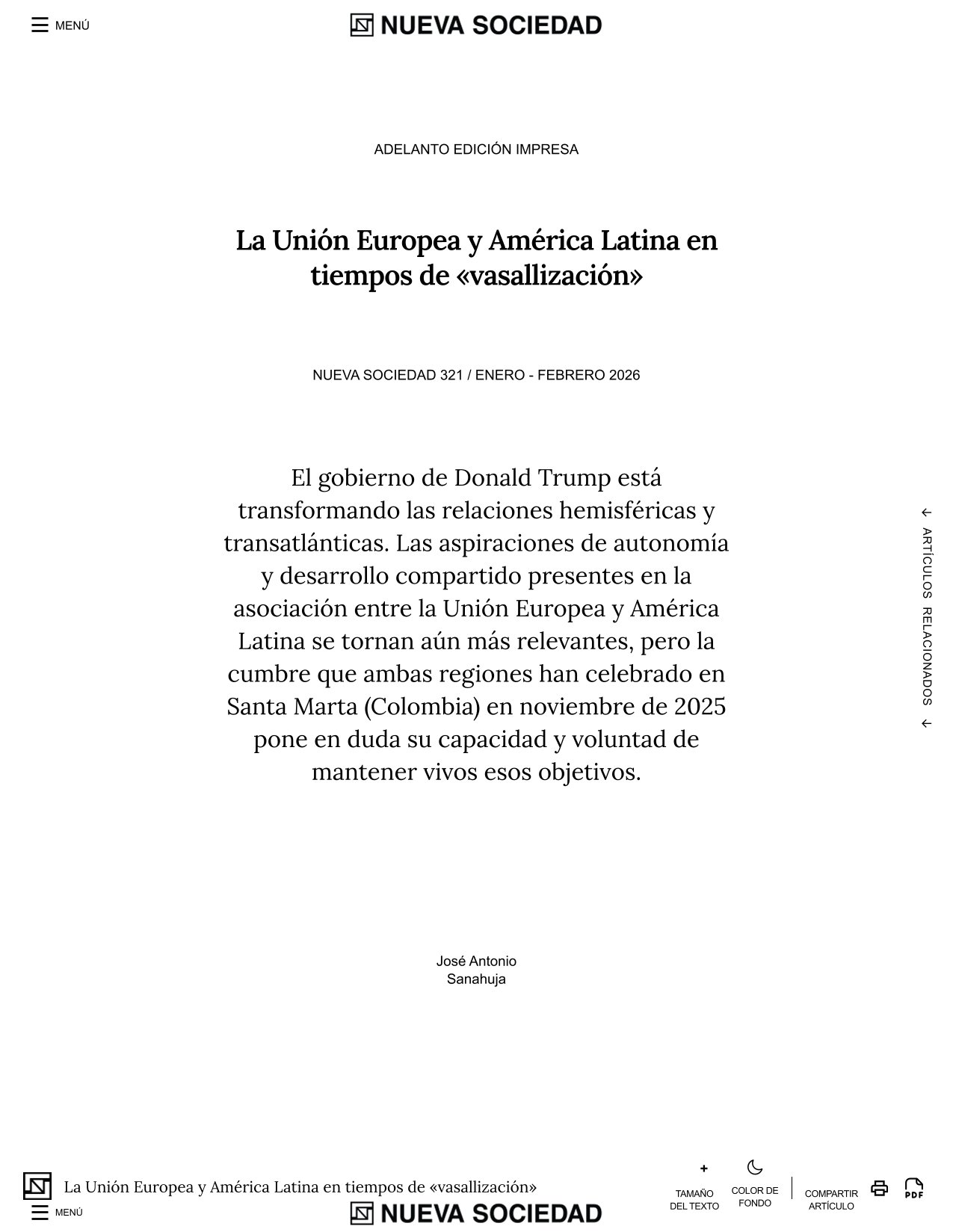 «La Unión Europea y América Latina en tiempos de «vasallización»», Nueva Sociedad, enero 2026.