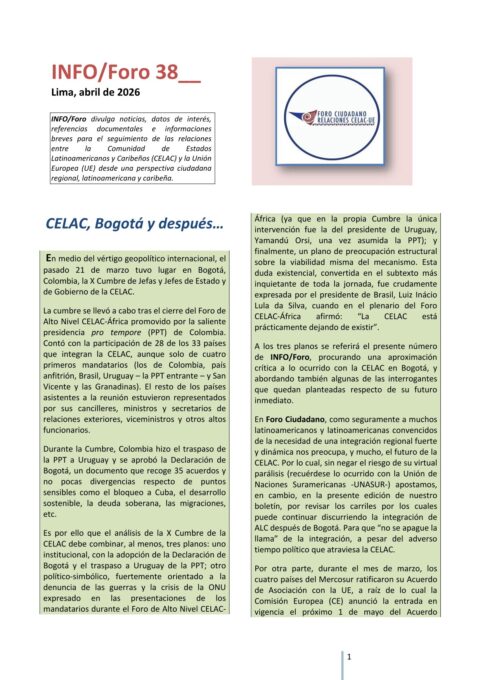INFO/Foro 38: «CELAC, Bogotá y después…», abril de 2026