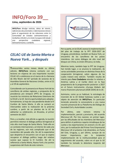 INFO/Foro 39: «CELAC-UE de Santa Marta a Nueva York… y después», septiembre de 2026