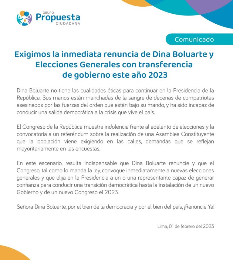 Exigimos la inmediata renuncia de Dina Boluarte y Elecciones Generales con transferencia de Gobierno este año 2023